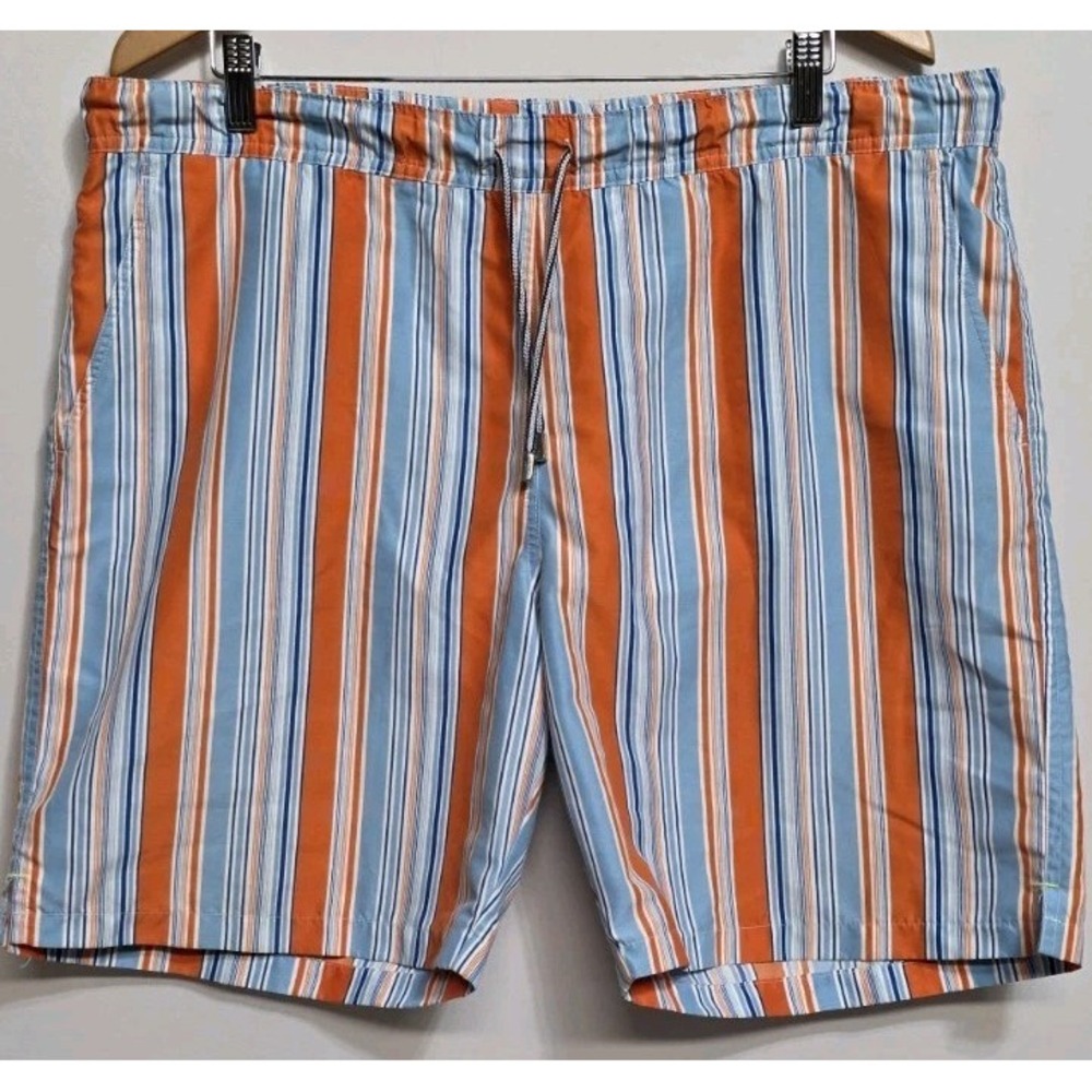 Peter Millar Men's Orange Blue Striped Swim Trunks Lined Sz M Golf Drawstring